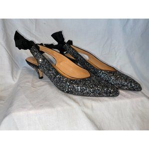 sz 39 Ganni Black/Silver Glitter Kitten Heels - Excellent Condition